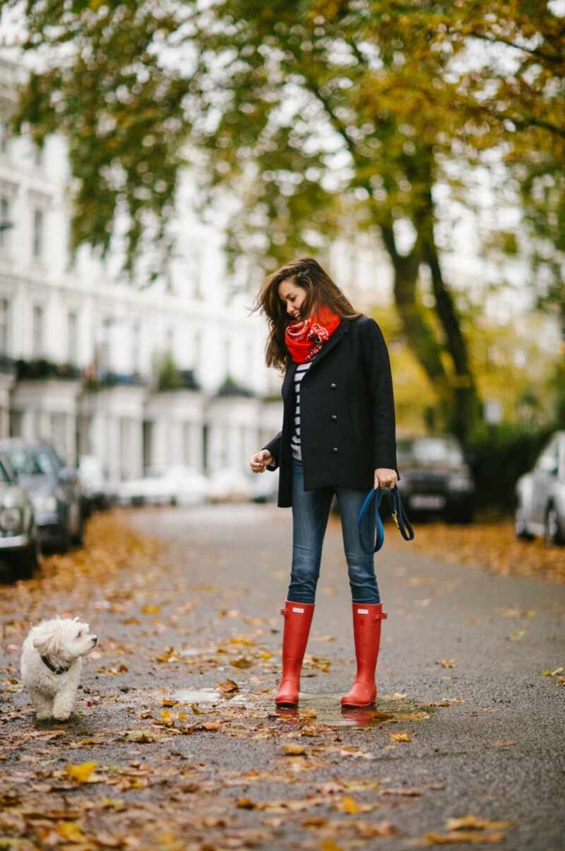 Red boots and a navy peacoat