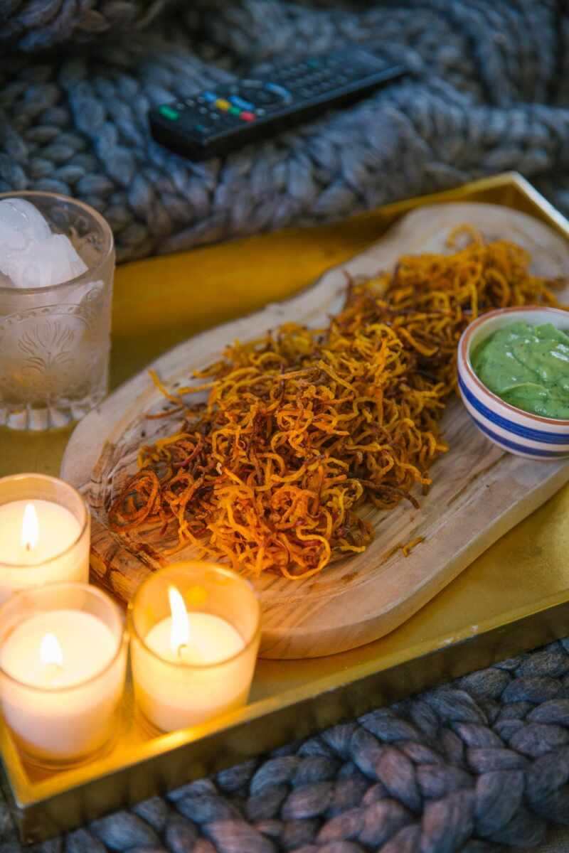 Sweet Potato haystack with creamy avocado dip, for movie nights!