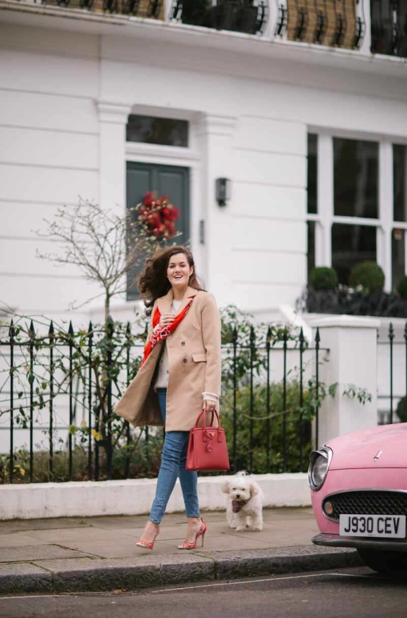 Camel coat jeans and heels