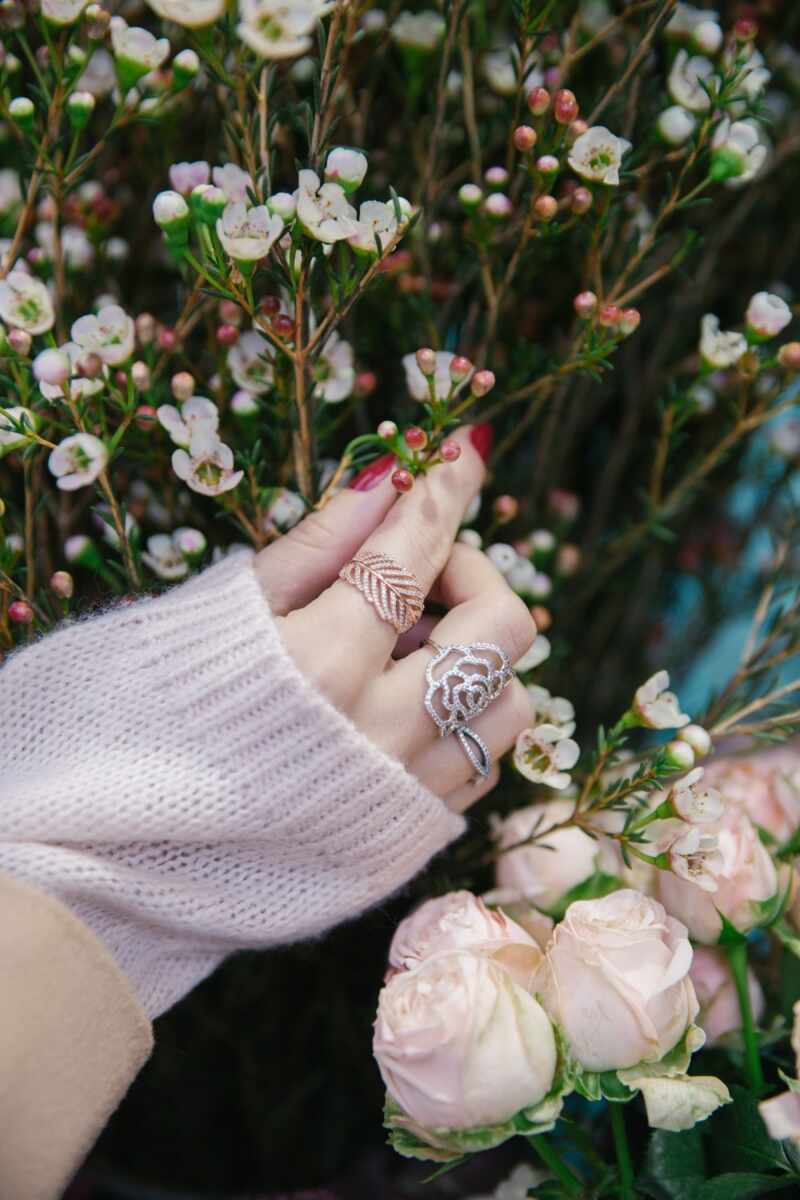 Rose Gold Leaf Ring and Silver Rose Ring