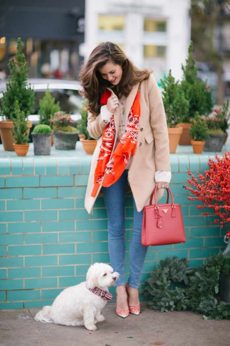 Festive Red Scarf and Prada Red Bag