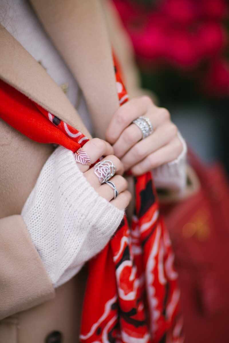 Festive Red Scarf and Silver Rose Ring