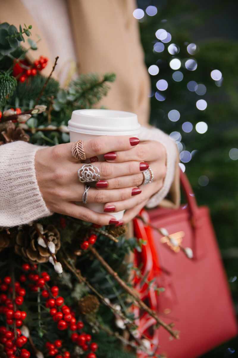 Silver Rose Ring and Festive Red Nails