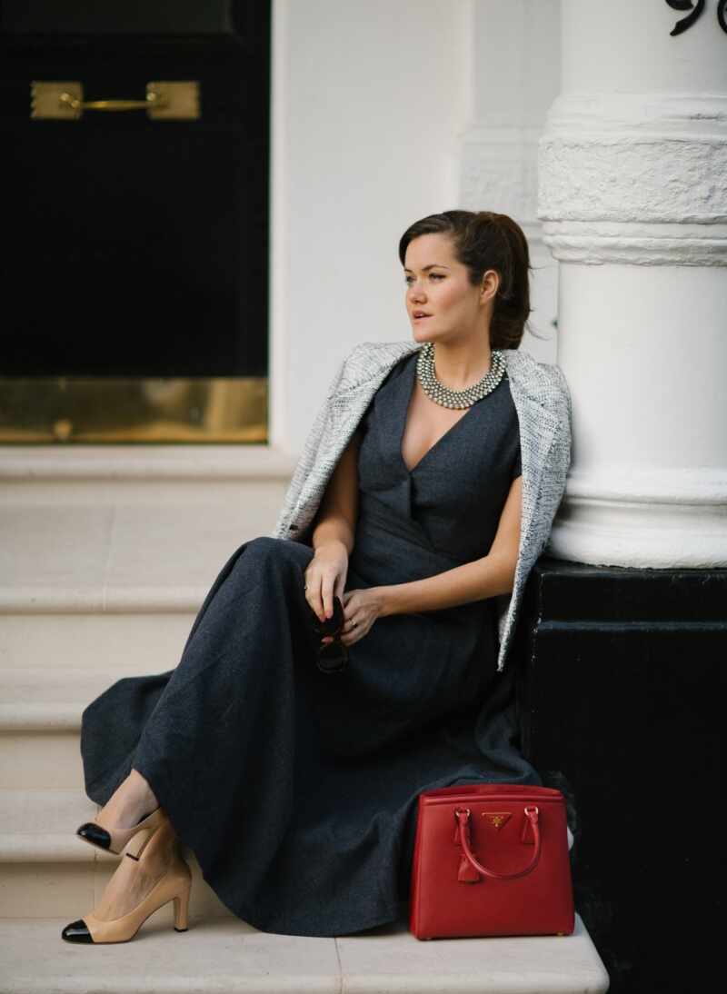 Greys with a pop of red, and Chanel pumps 
