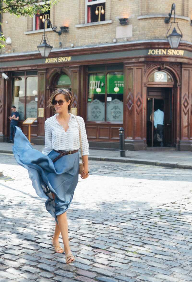 Flowy Silk Blue Skirt & Striped Shirt