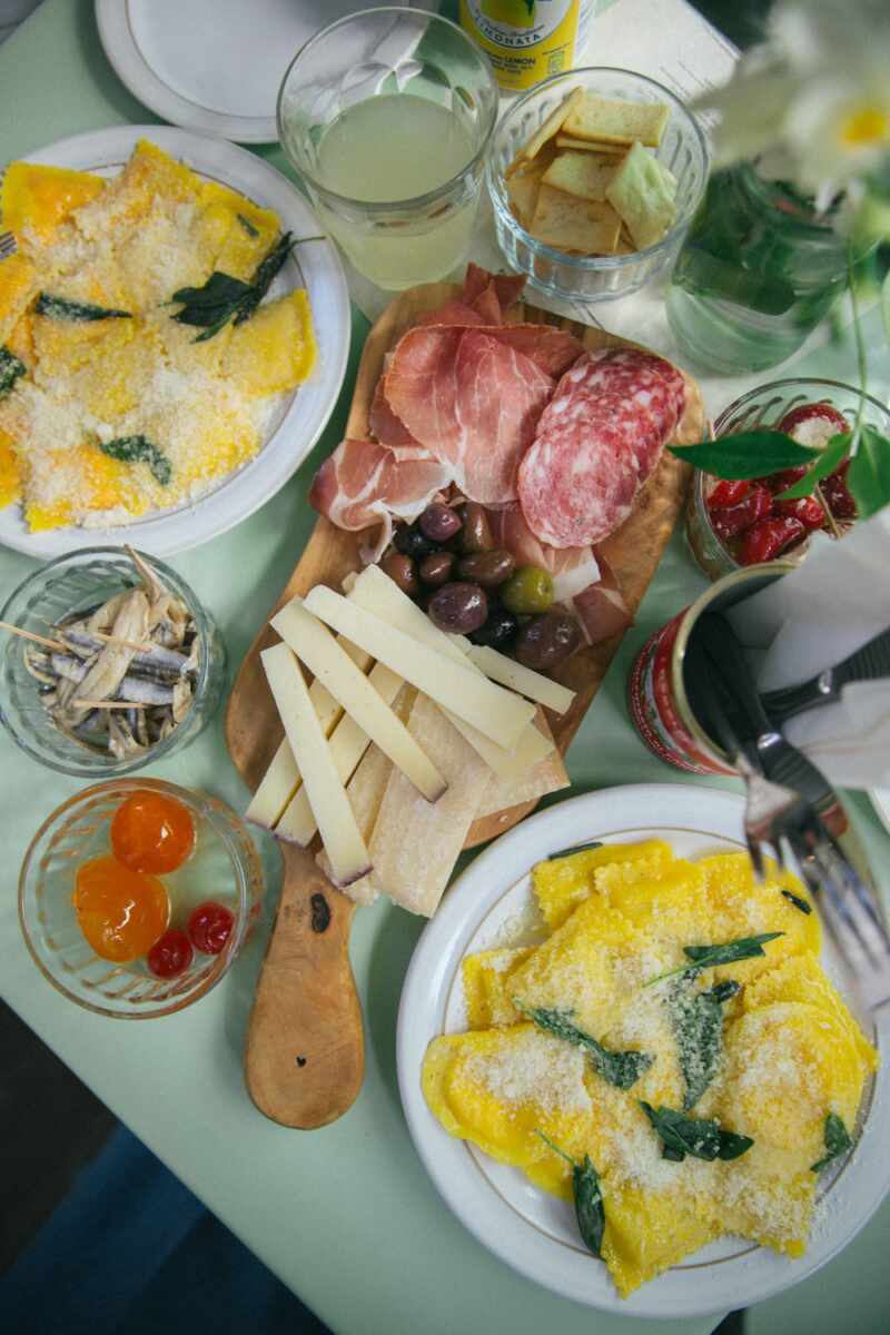 Fresh pasta and cheese and cured meats board