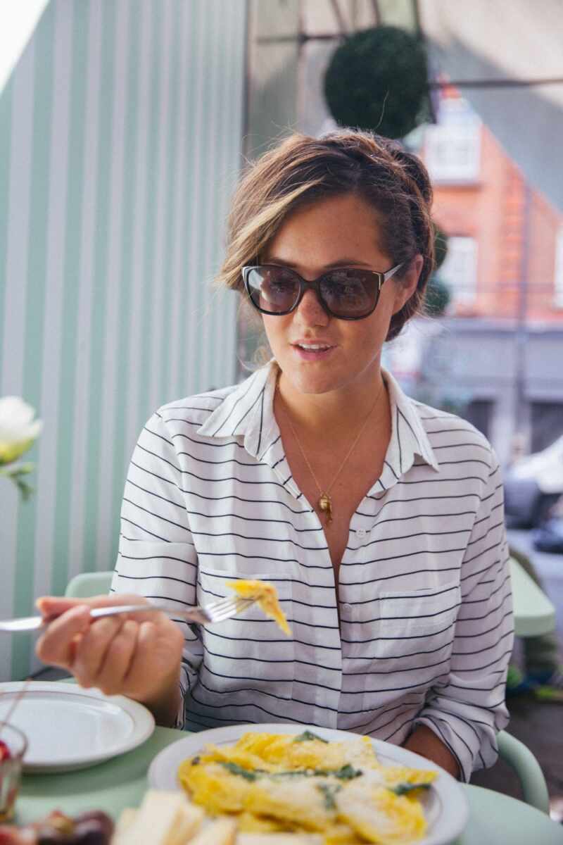 Crown braid and a simple striped silk shirt