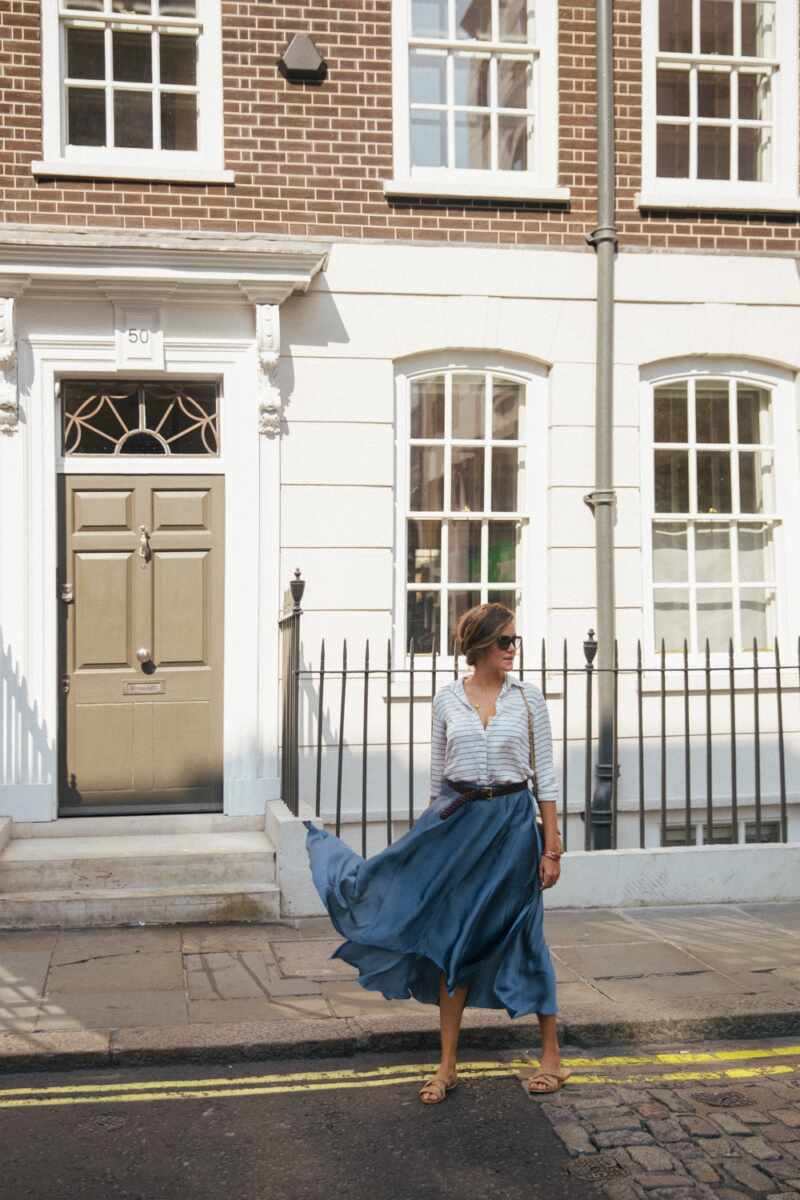Silky belted blue midi skirt