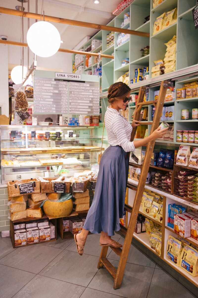 Shopping in Italian Deli in Soho - Blue Silk Skirt