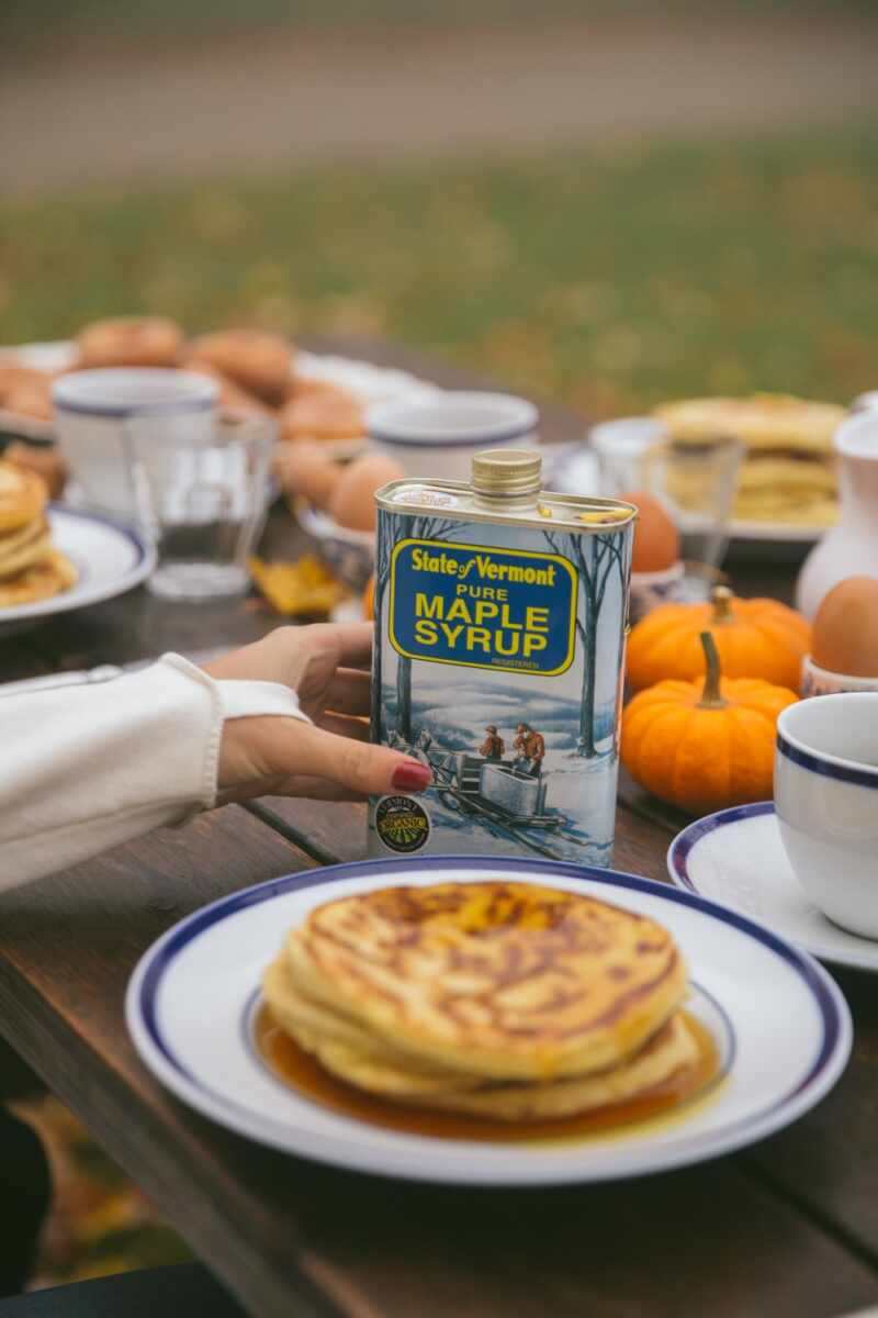 Pancakes drizzled in maple syrup